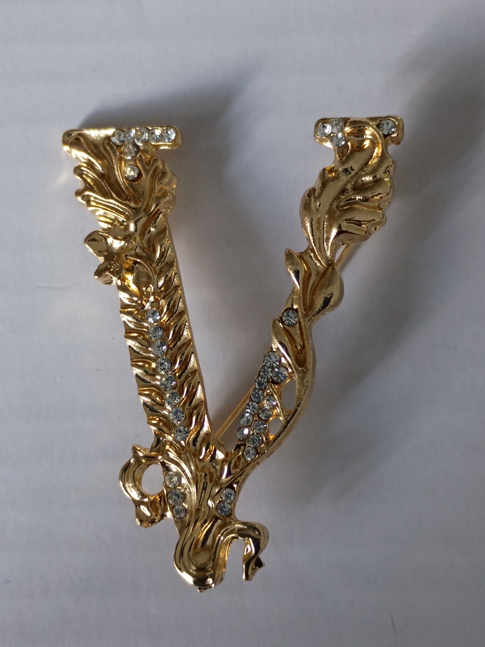 Gold Tone Rhinestones Ornated Letter V  Brooch